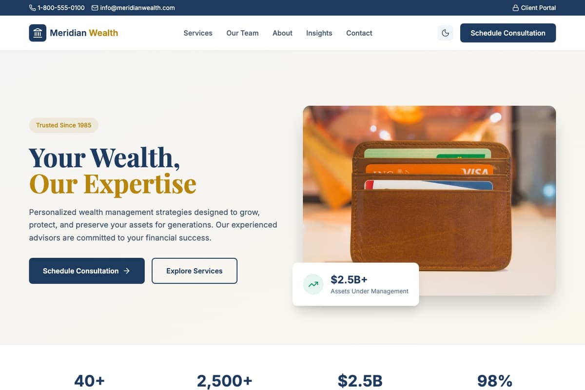Meridian Wealth website template showing one-page, testimonials, team-section