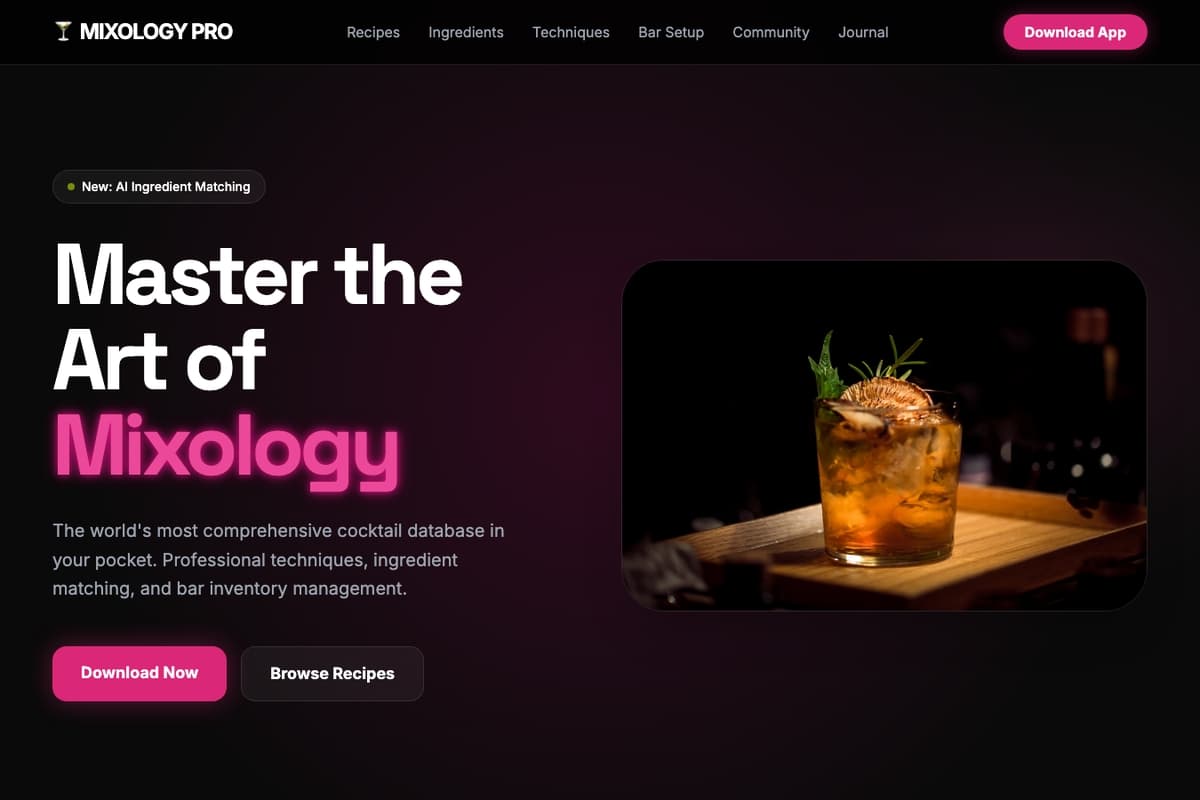 Mixology Pro website template showing dark-theme, animated, catalog