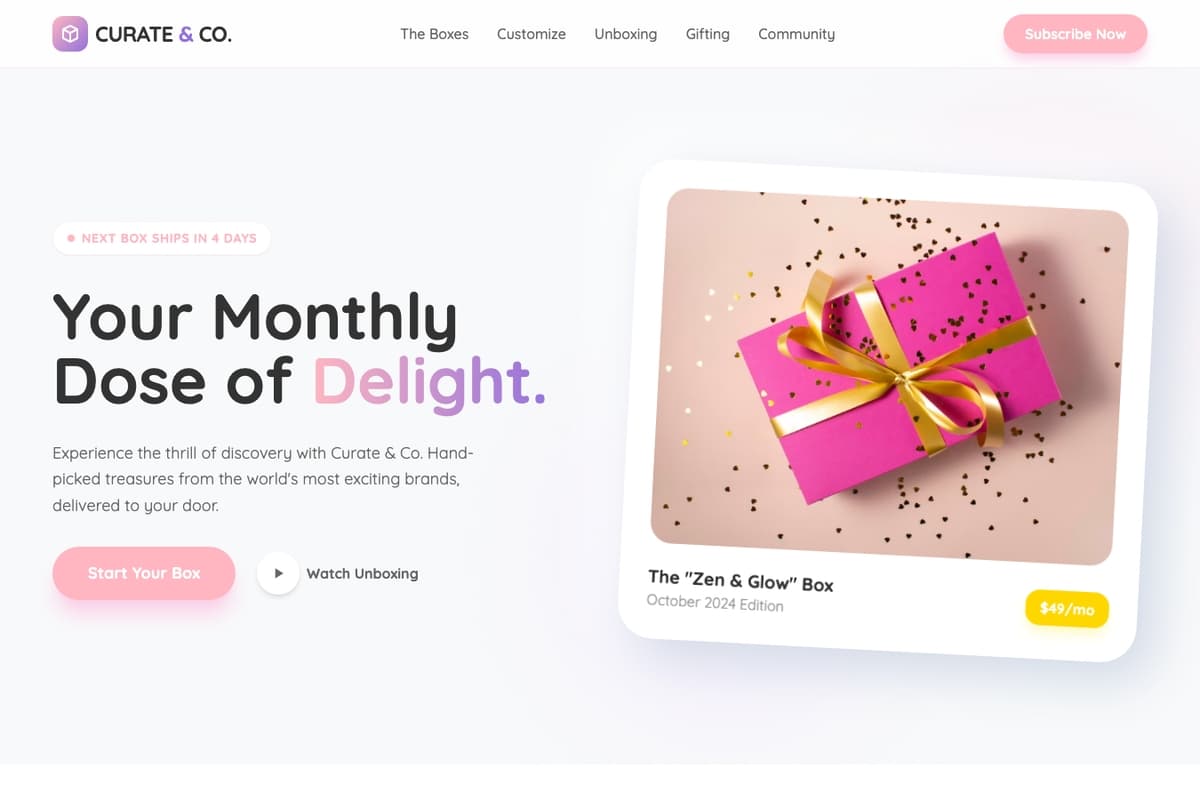 Monthly Delight website template showing subscription, pricing-table, landing-page