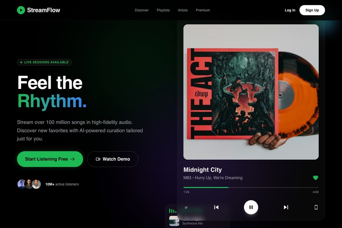 Music Streaming website template showing landing-page, subscription, video-hero