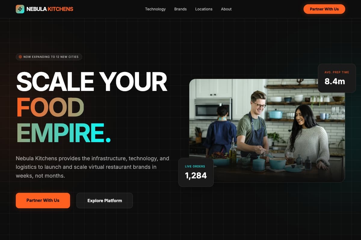 Nebula Nexus website template showing landing-page, dark-theme, contact-form