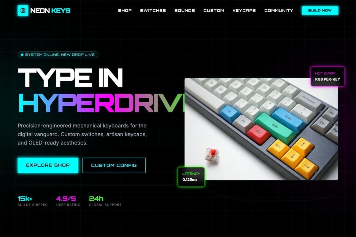 Neon Keys website template showing ecommerce-cart, product-showcase, dark-theme