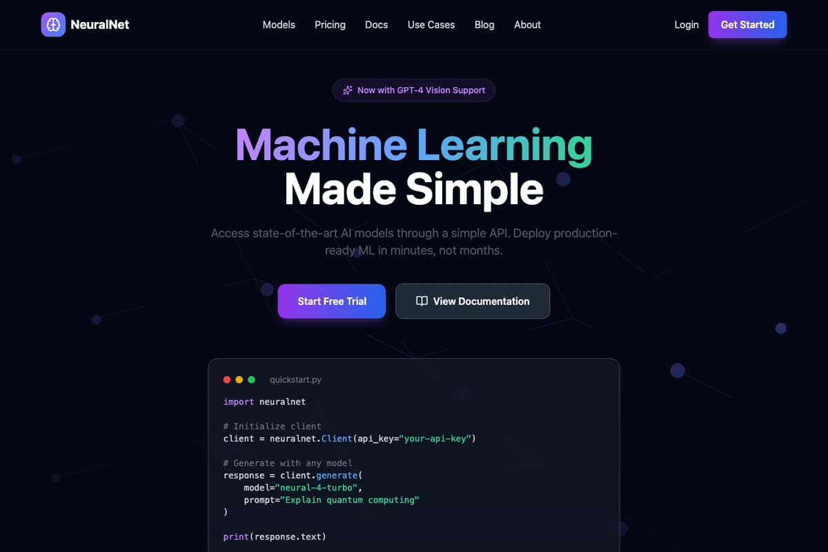 Neural Network Ml Platform website template showing landing-page, pricing-table, testimonials