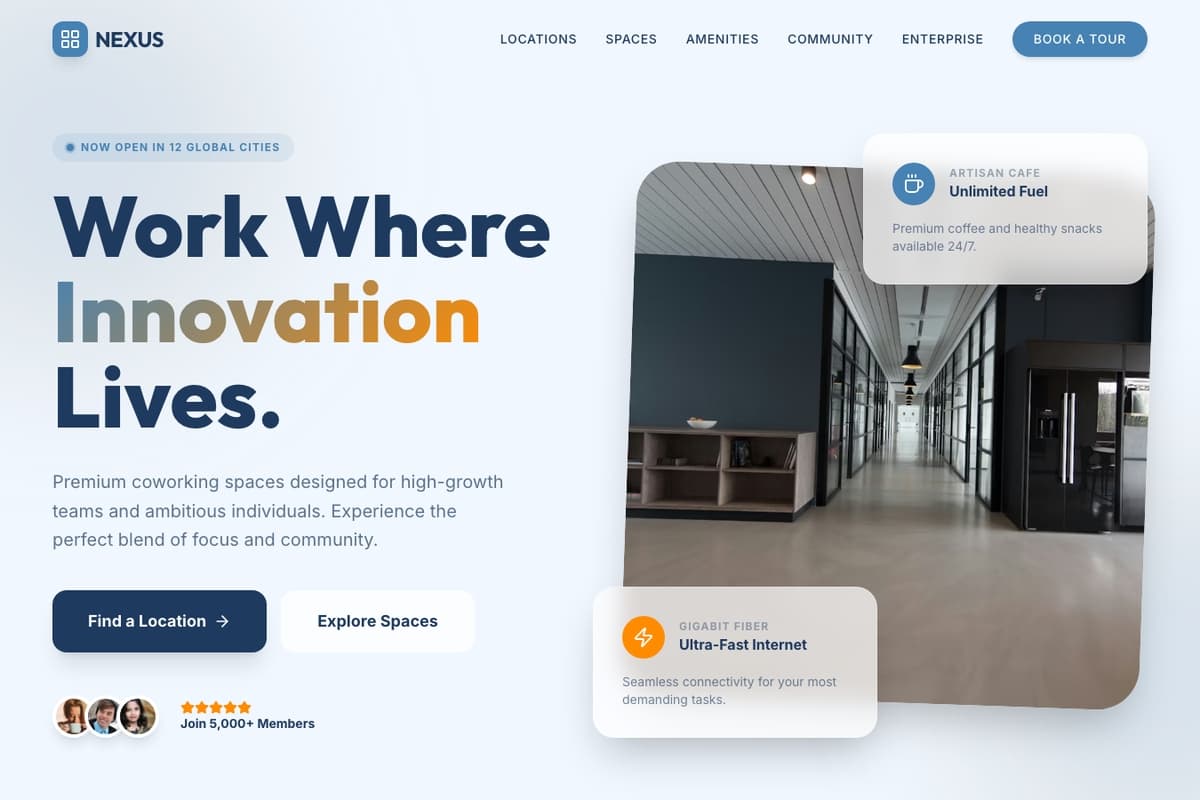 Nexus Innovate website template showing landing-page, booking-system, contact-form