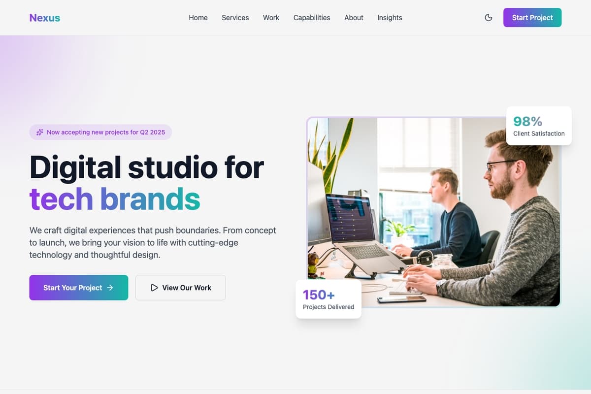 Nexus Vision website template showing portfolio-layout, project-showcase, service-cards