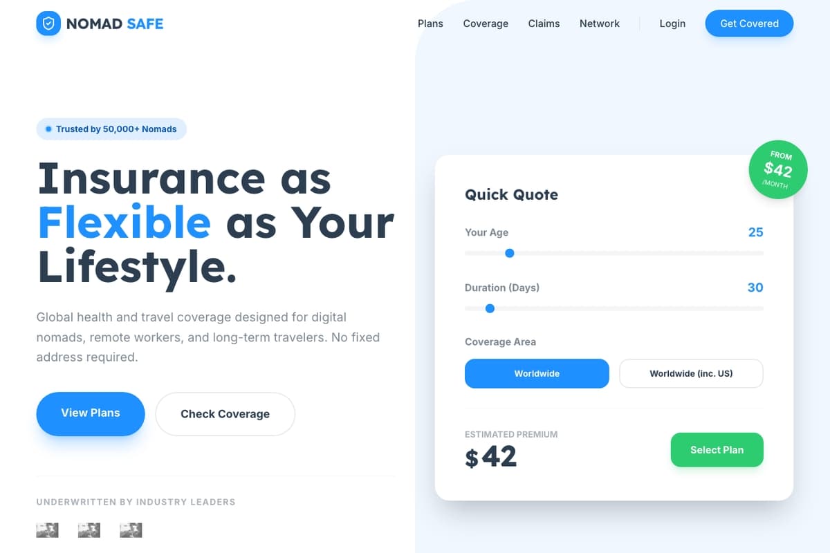 Nomadsafe website template showing multi-page, pricing-table, testimonials