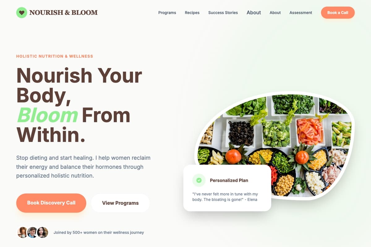 Nourish Bloom website template showing landing-page, testimonials, booking-system