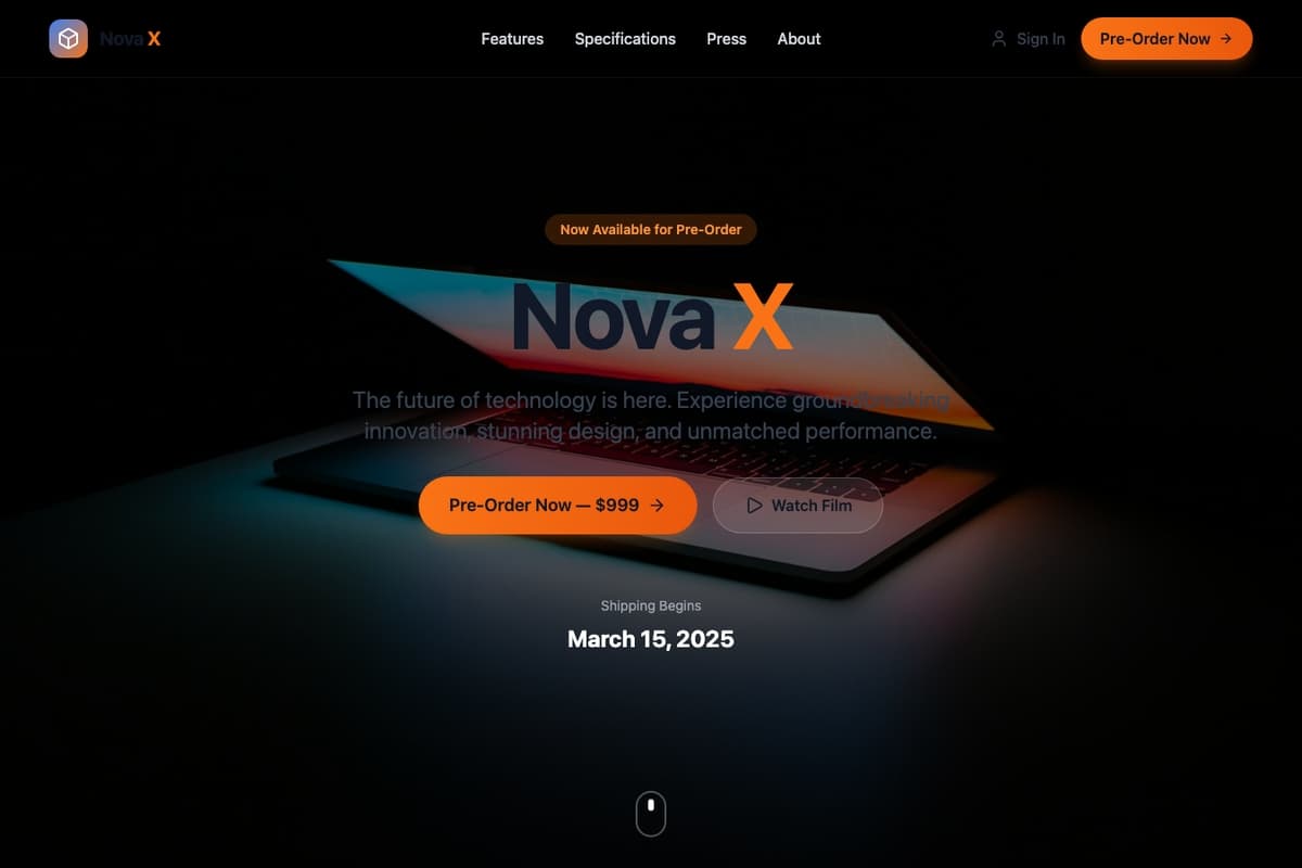 Nova Launch website template showing video-hero, landing-page, pre-order