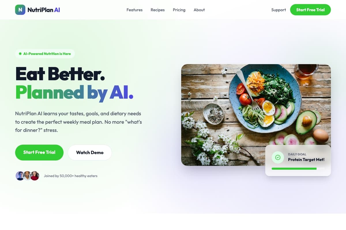 Nutriplan Ai website template showing landing-page, pricing-table, testimonials