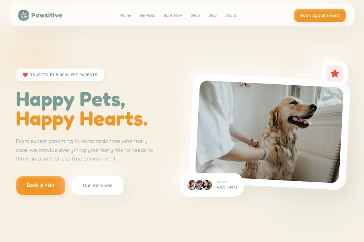Pawsitive Pet website template showing landing-page, booking-system, service-catalog
