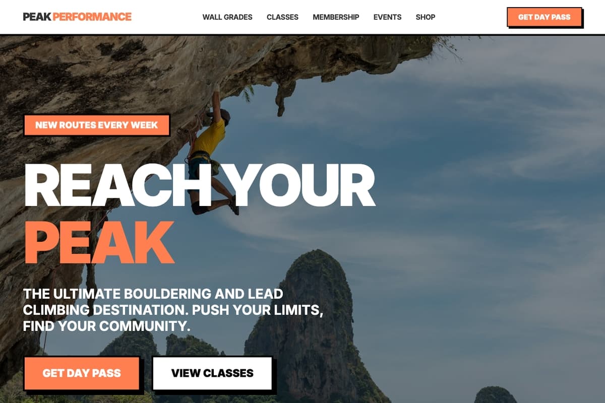 Peak Vertical website template showing landing-page, membership, booking-system