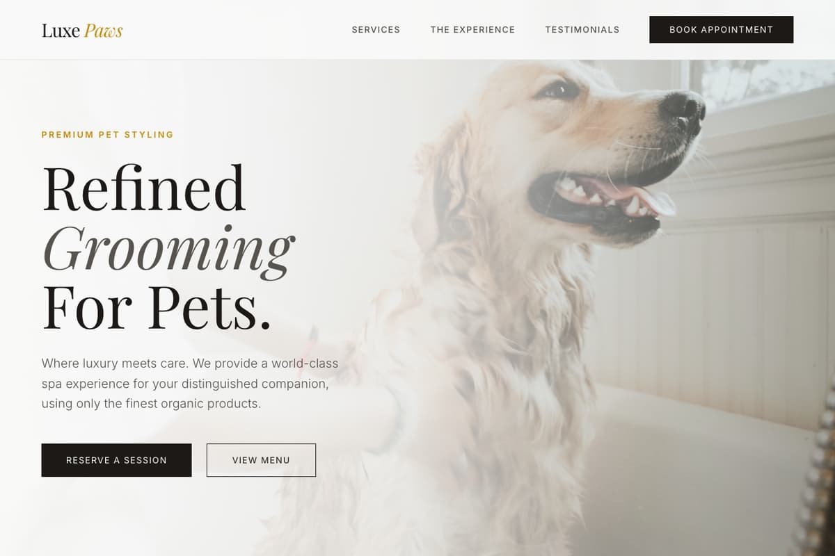 Pet Grooming website template showing booking-system, hero-image, landing-page