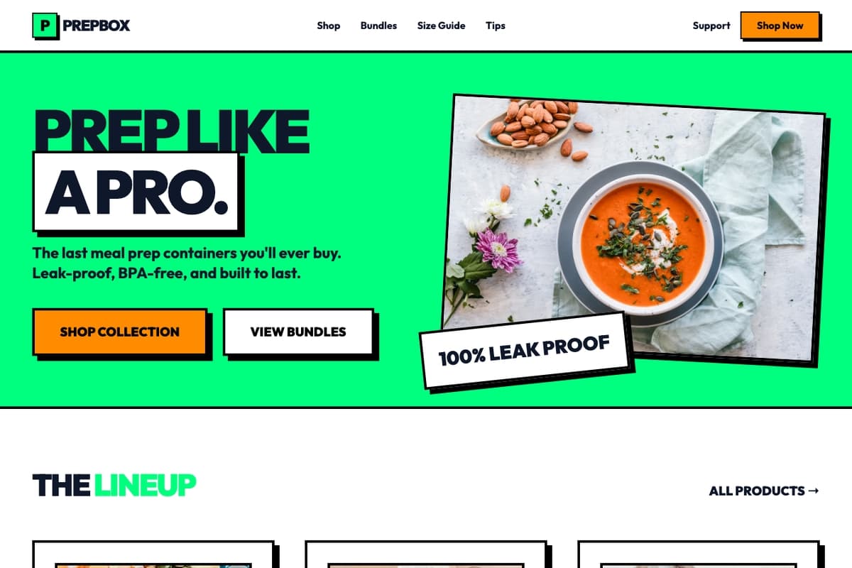 Prepbox website template showing landing-page, product-showcase, bundles-pricing