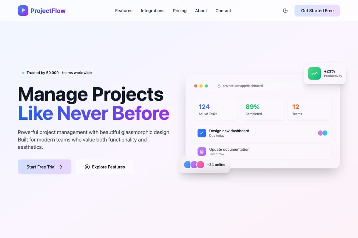 Projectflow website template showing landing-page, pricing-table, testimonials