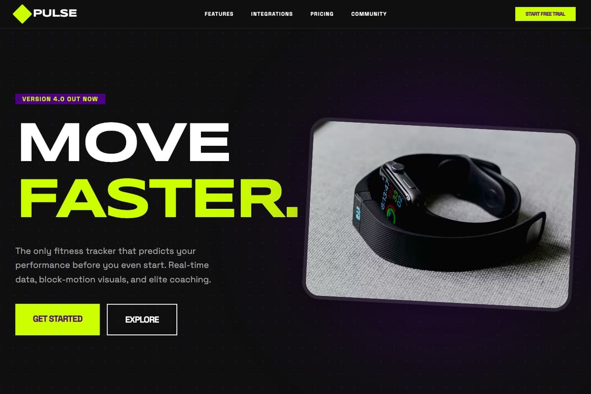 Pulse Flow website template showing landing-page, product-showcase, hero-image