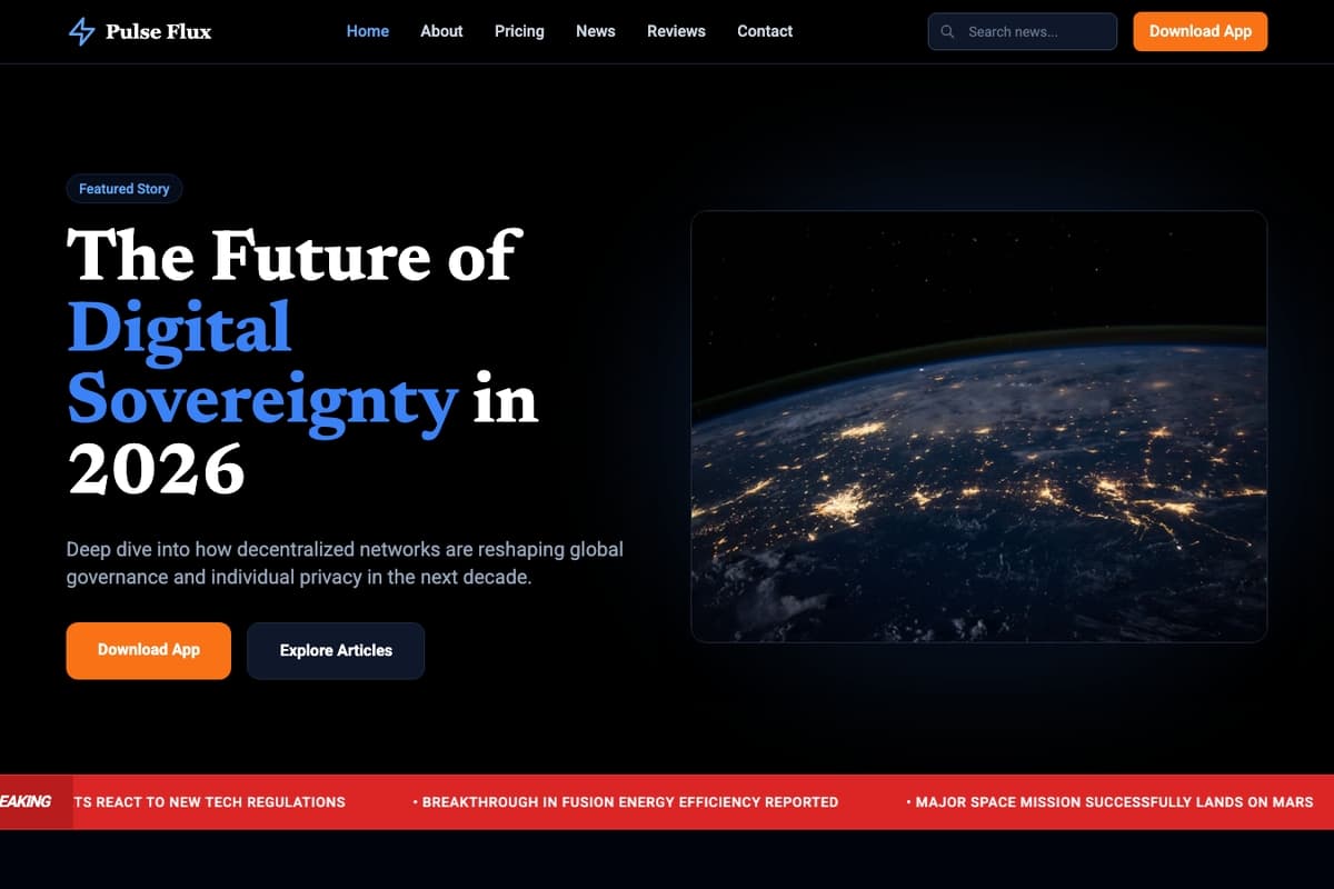 Pulse Flux website template showing multi-page, blog-section, dark-theme