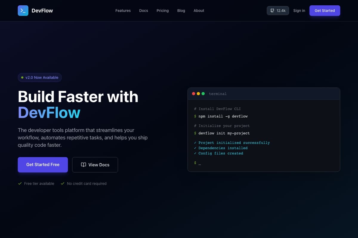 Quantum Devflow website template showing dark-theme, landing-page, pricing-table