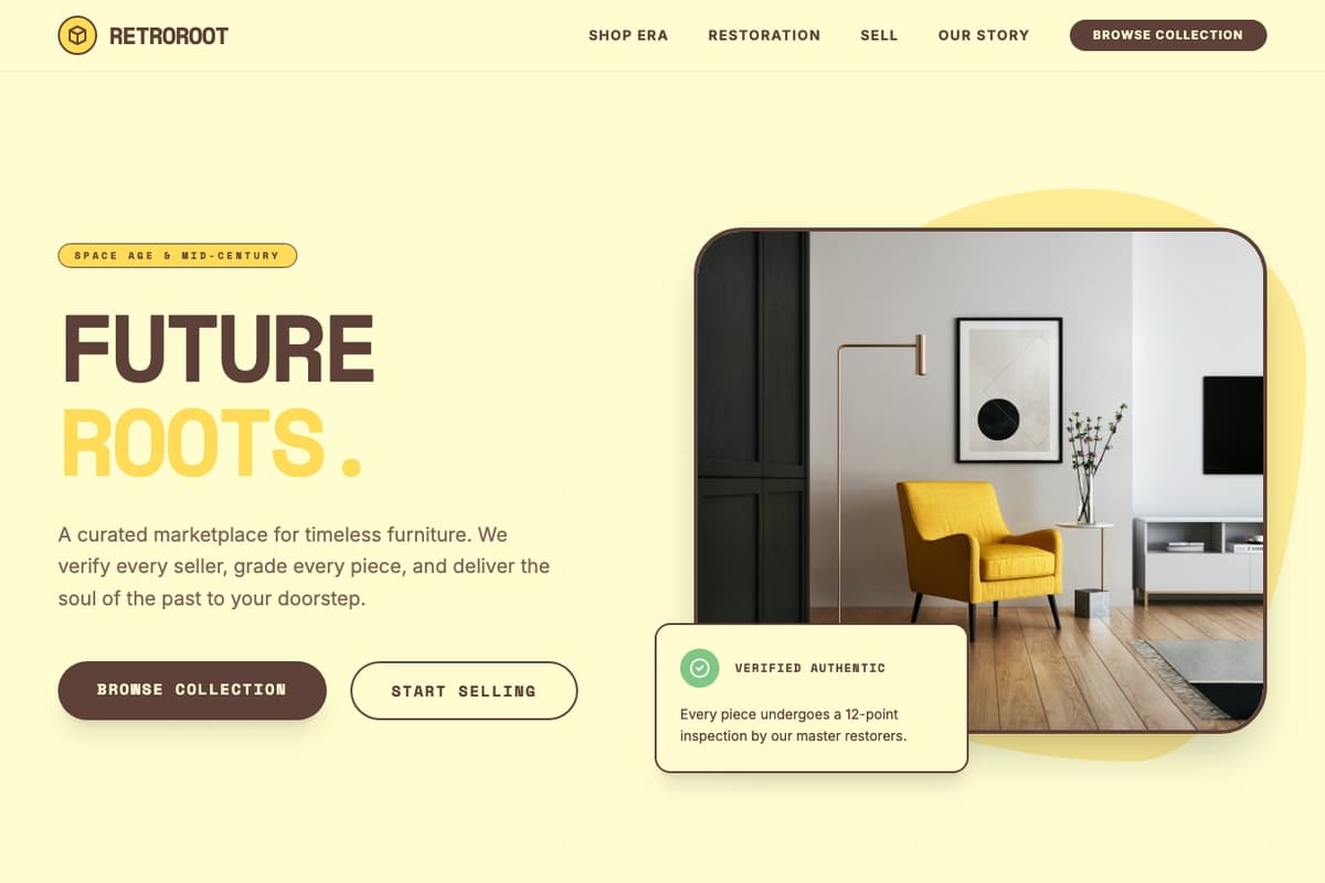 Retro Roots website template showing multi-page, catalog, ecommerce-cart