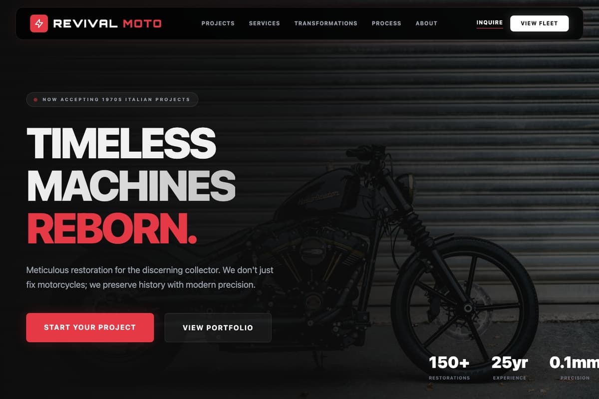 Revival Moto website template showing portfolio-layout, contact-form, image-gallery
