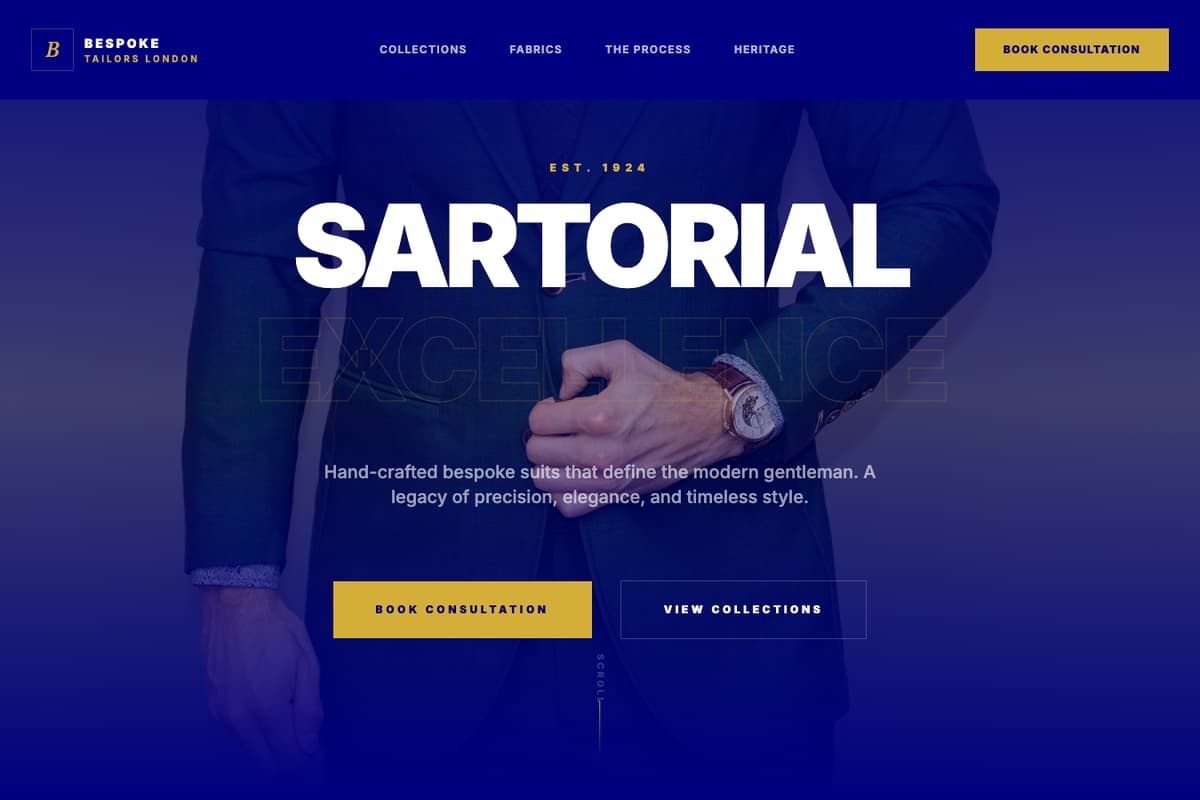 Sartorial Excellence website template showing booking-system, showcase, hero-image
