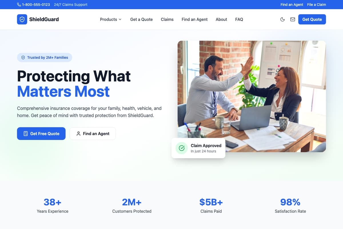 Shieldguard website template showing landing-page, contact-form, testimonials