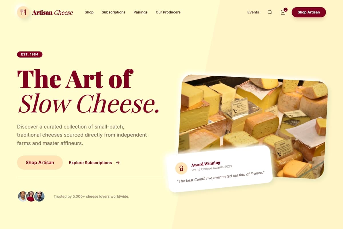 Slow Cheese website template showing ecommerce-cart, catalog, product-showcase
