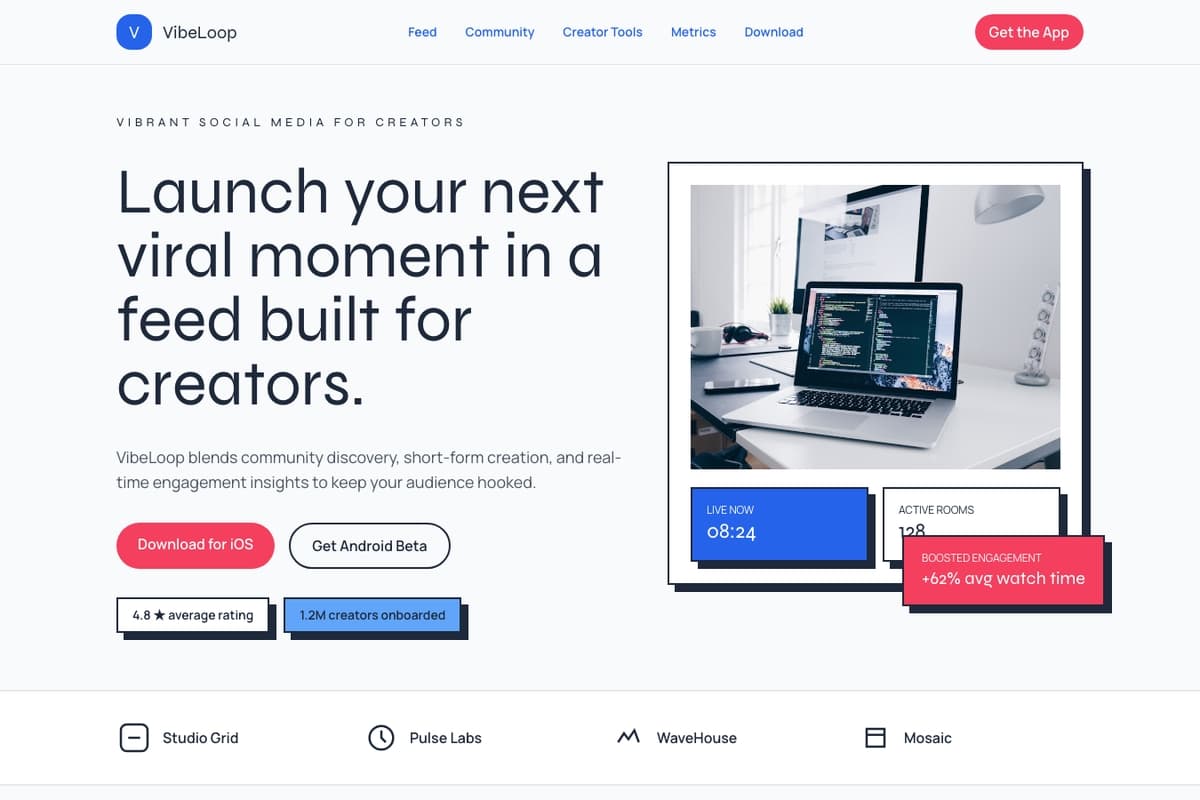 Social Media website template showing landing-page, app-download, testimonials