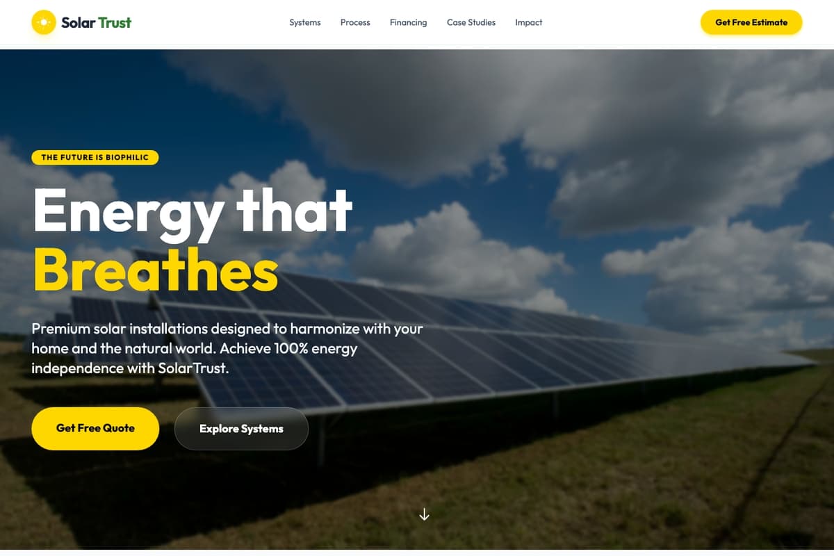 Solar Trust website template showing landing-page, contact-form, hero-image