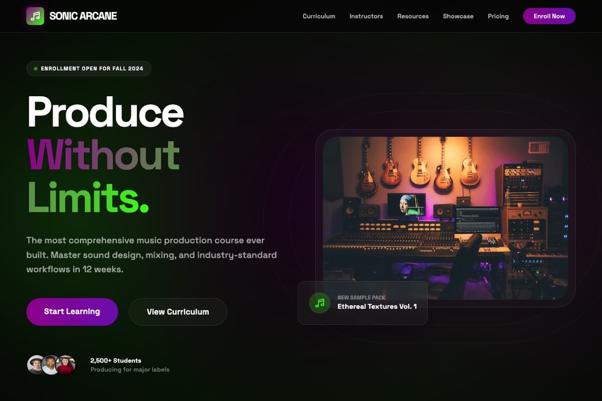 Sonic Arcane website template showing landing-page, course-catalog, pricing-table