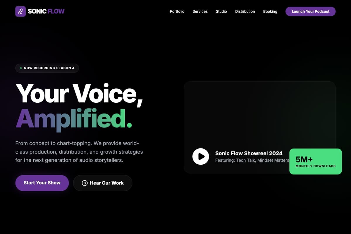 Sonic Flow website template showing dark-theme, pricing-table, landing-page