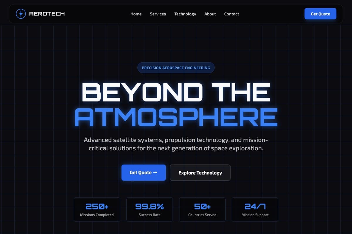 Space Tech website template showing landing-page, contact-form, dark-theme