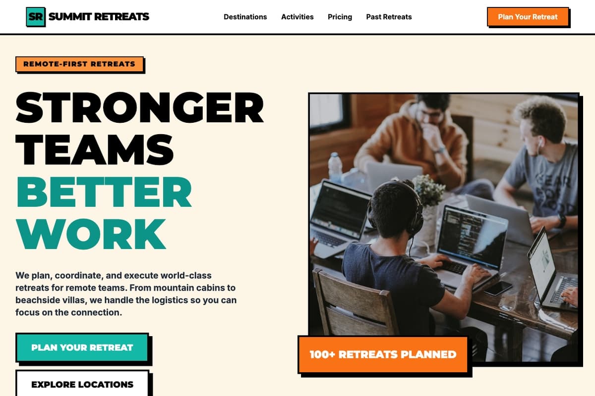 Summit Retreats website template showing landing-page, booking-system, image-gallery