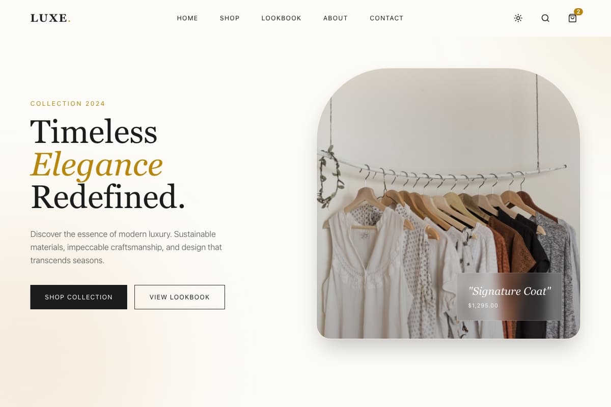 Timeless Connoisseur website template showing ecommerce-cart, product-showcase, hero-image