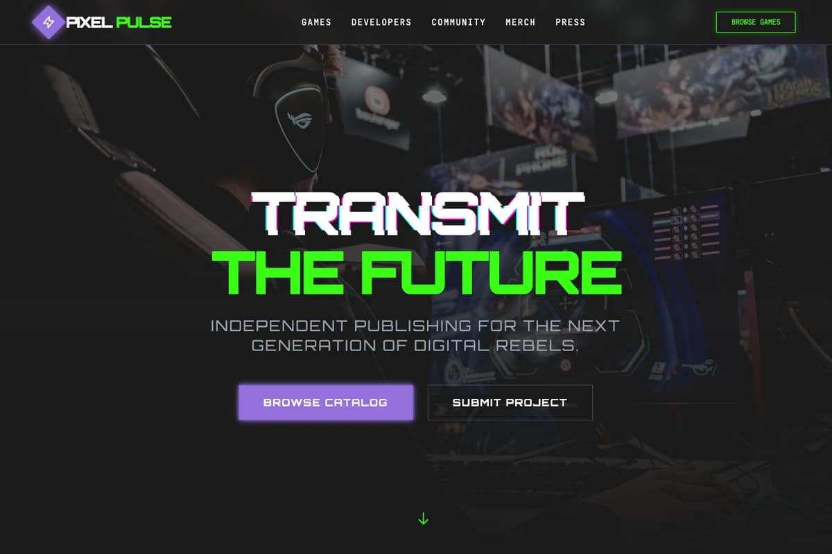Transmit Future website template showing landing-page, showcase, dark-theme