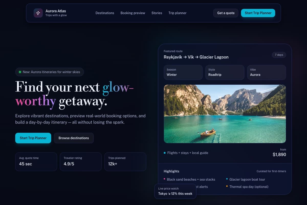 Travel Agency website template showing landing-page, booking-system, image-gallery
