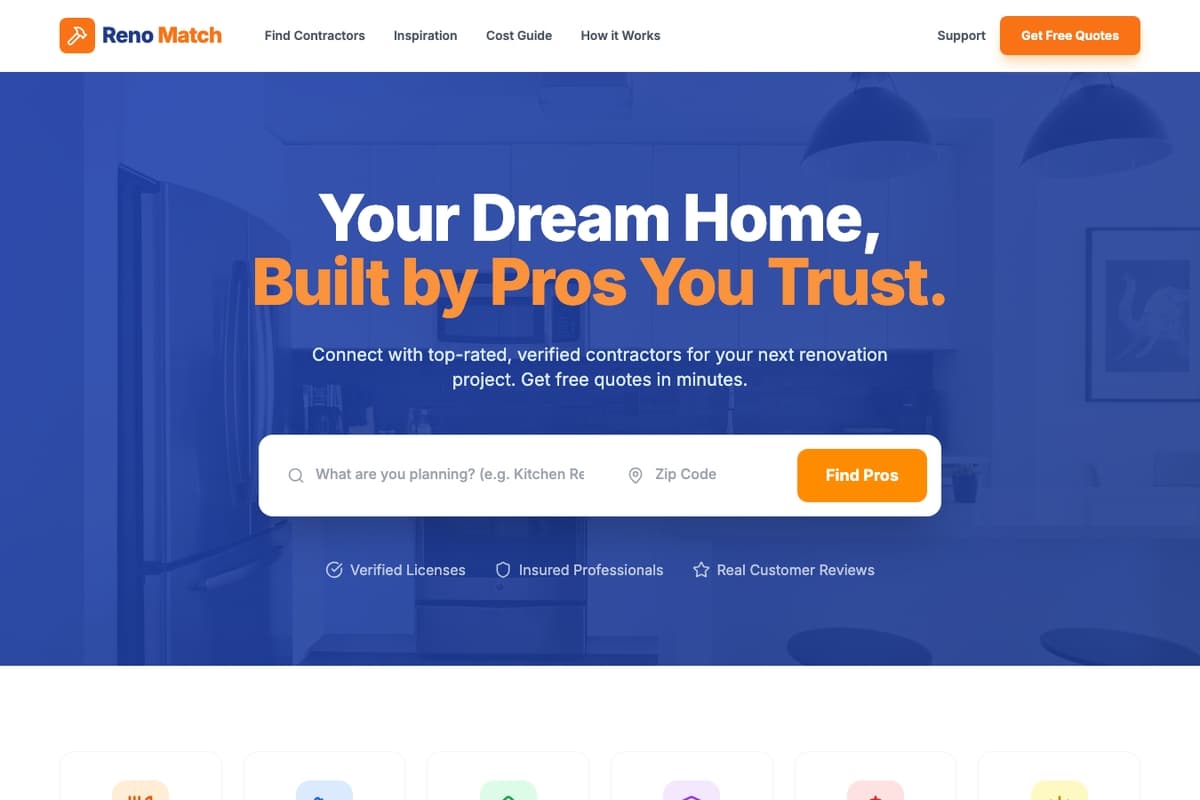 Trusted Renovator website template showing landing-page, contact-form, testimonials