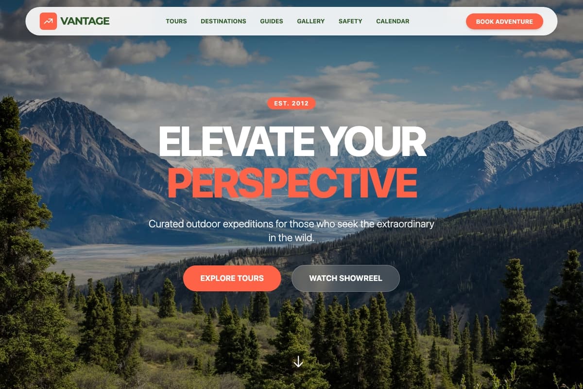 Vantage Adventures website template showing landing-page, booking-system, testimonials