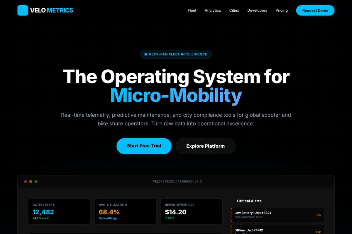 Velo Metrics website template showing dashboard, pricing-table, contact-form