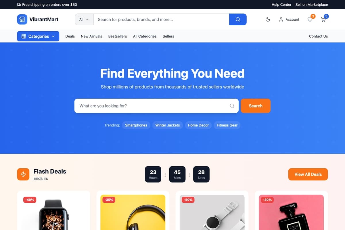 Vibrant Mart website template showing multi-category, marketplace, product-catalog