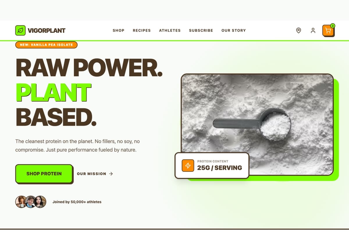 Vigorplant website template showing landing-page, ecommerce-cart, newsletter-signup