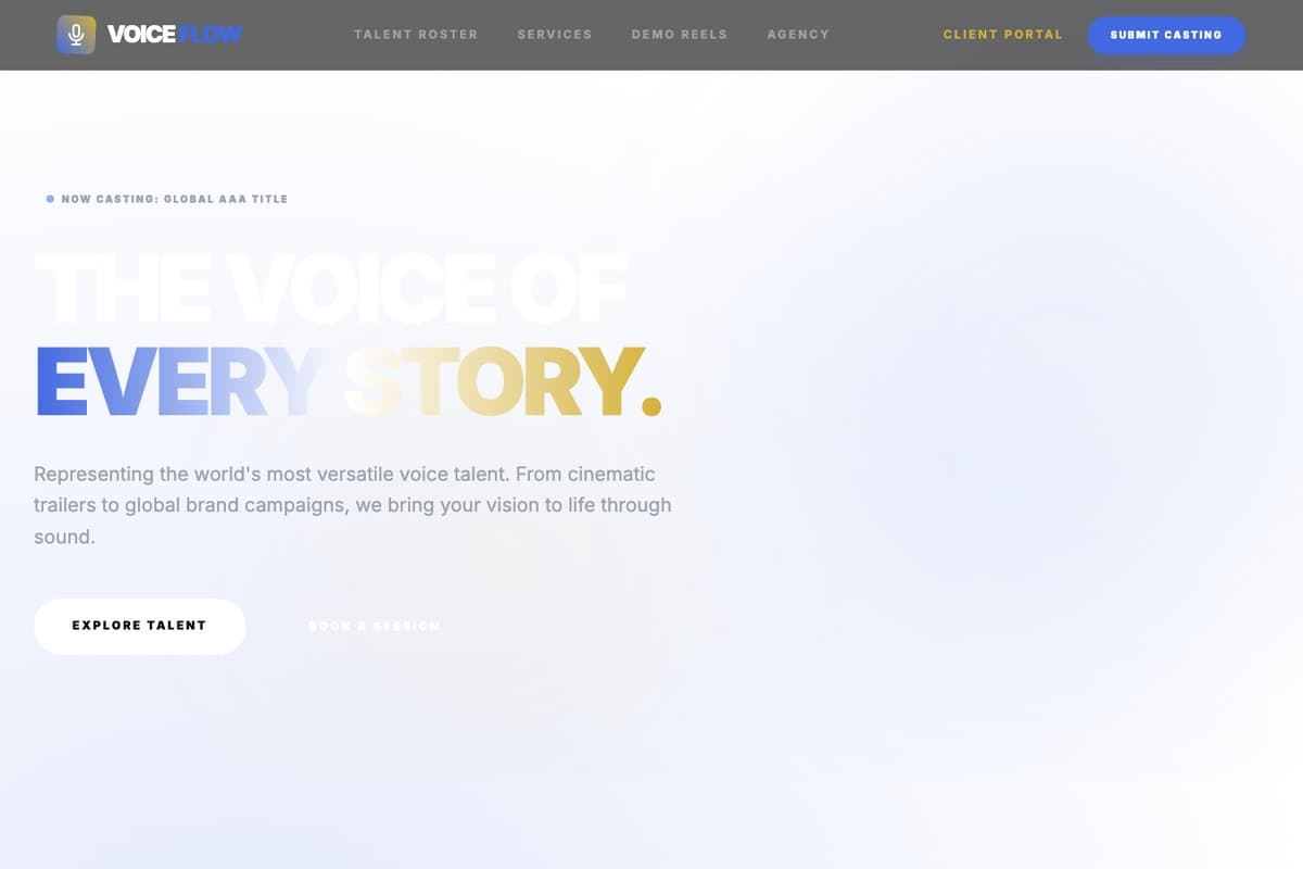 Voiceflow website template showing portfolio-layout, team-section, booking-system
