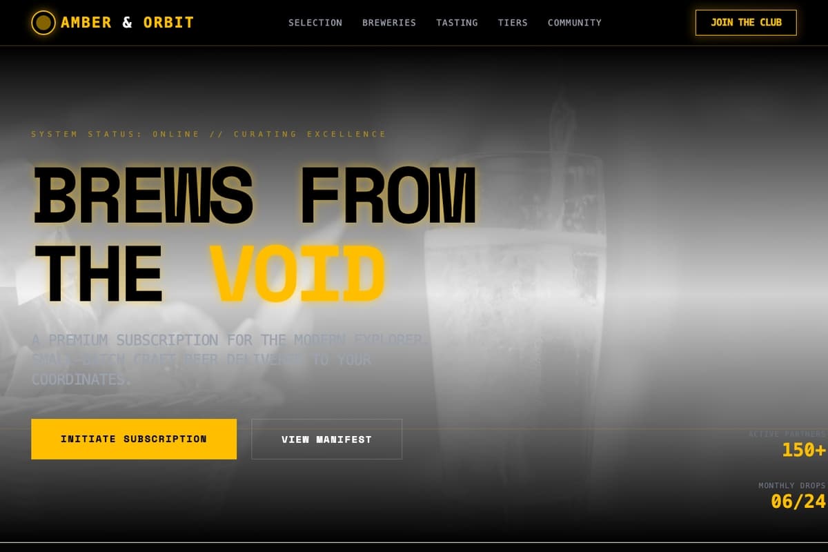 Void Brews website template showing subscription, dark-theme, landing-page