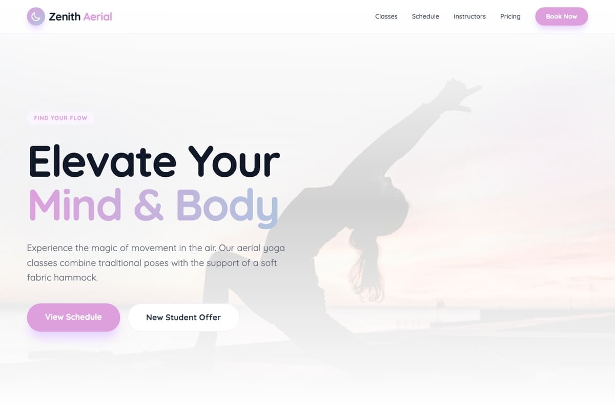 Zenith Flow website template showing landing-page, testimonials, booking-system